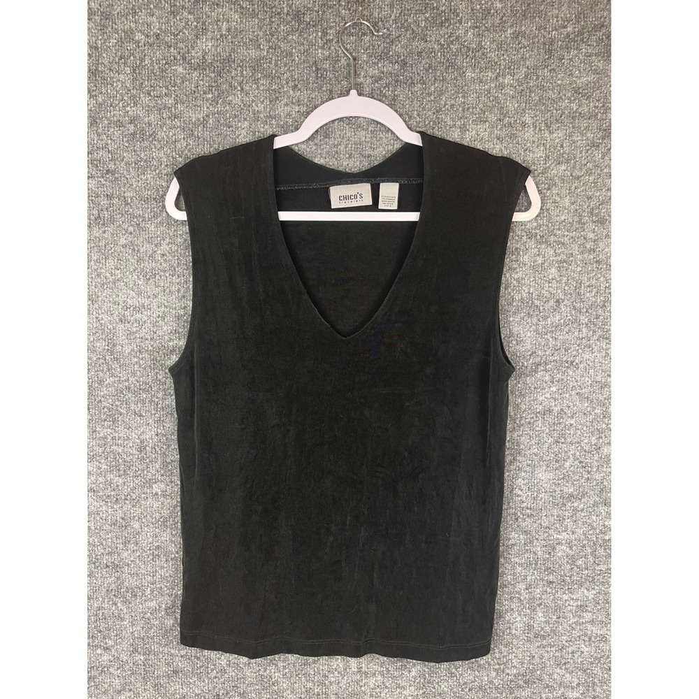 Chico's Travelers Tank Top Womens 2 Black Excellent V-Neck Ribbed Sleeveless